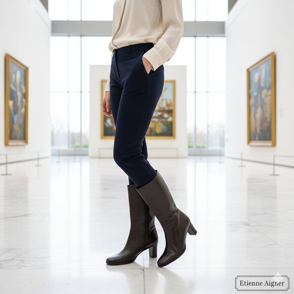 NWT Etienne Aigner Rossie All Leather Tall Boots Sz 9.5 Brown Zip Brazil Preppy - Picture 1 of 6